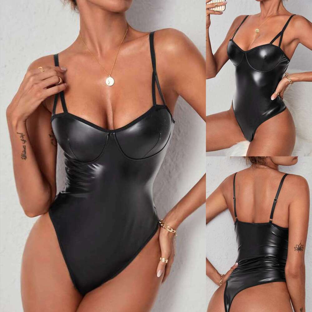 Sexy PU Leather Bodysuit Women High-Gloss Black One-Piece Bodycon Suit with Deep V-Neck & Cross Strap Design for Nightclub, Party & Fashion
