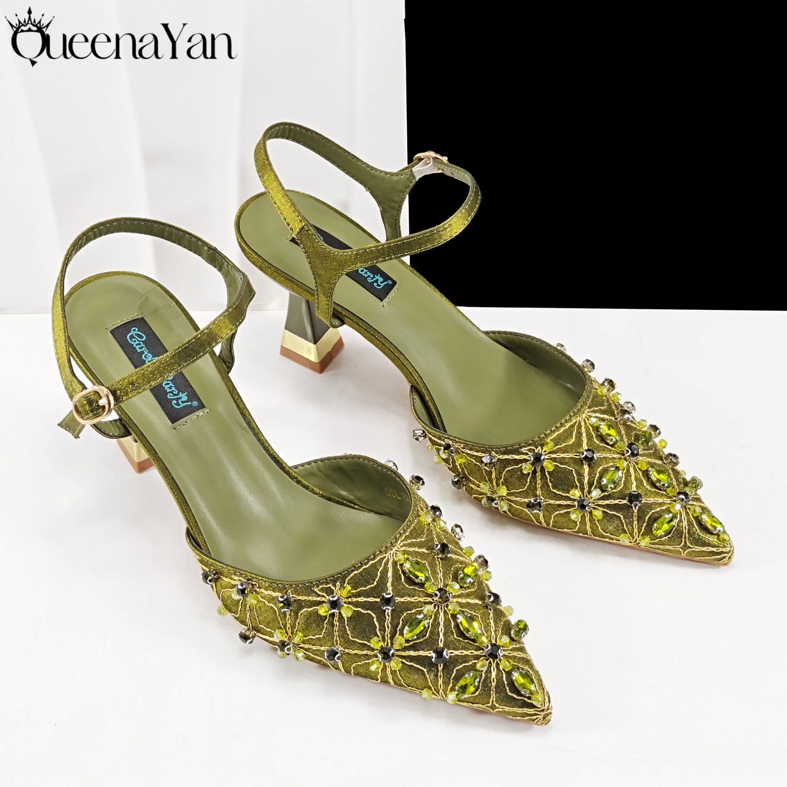 QueenaYan Elegant Full Diamond n Olive Color Italian Womens Shoe and Handbag Set for Weddings Special Occasions 260208