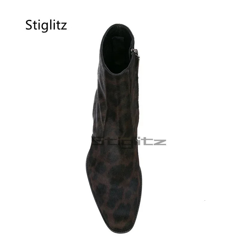 Leopard Chelsea Boots for Men Med Heeled Genuine Leather Prints Ankle Zip Retro British Style High Top Catwalk Male Shoes 260208