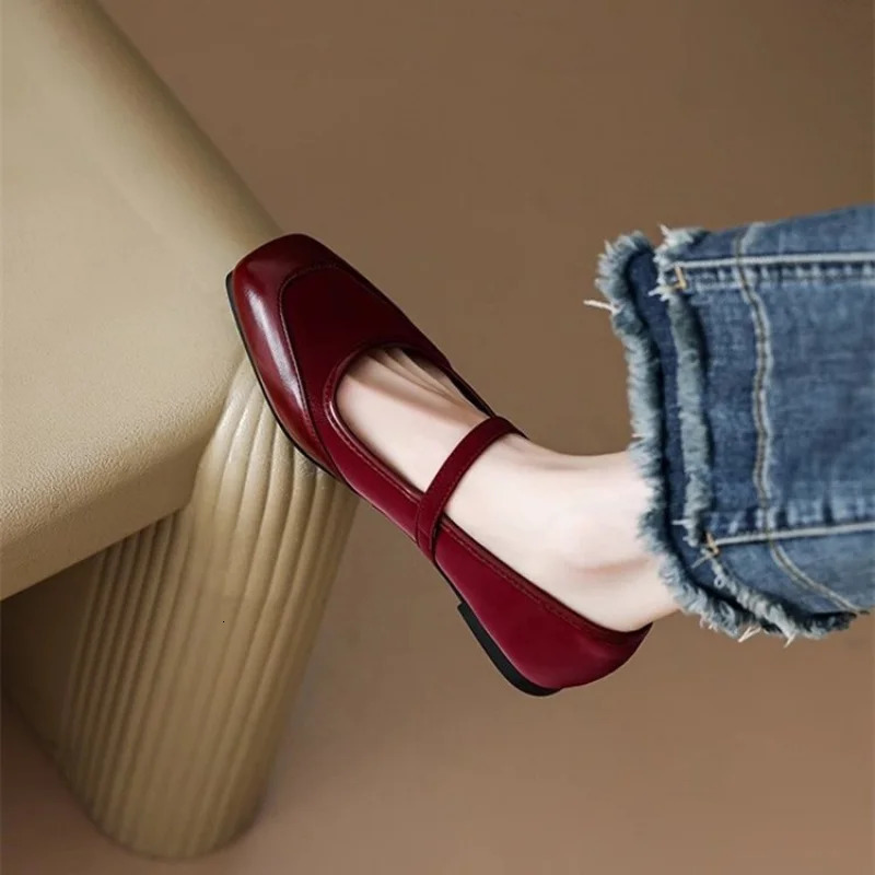 Womens Autumn/Winter Mary Jane Flats - Patchwork Square Toe Single Strap Shallow Cut Flats Elegant Versatile Flat Sole Shoes 260123