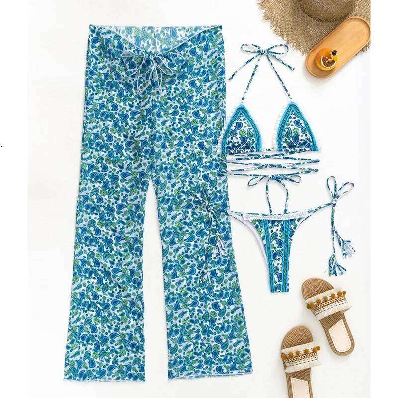 Printing Push Up Set Women Swimsuit Triangle Side Tie G-string Split Bikini with Pants 2025 New Beachwear 3 Pieces Sets C260207