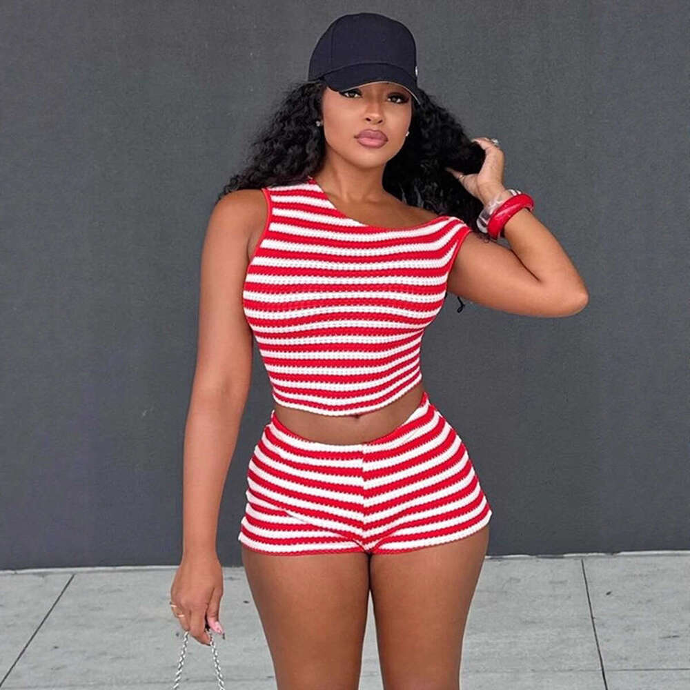 Sexy Women s Clothing Autumn New Slim Fit Off Shoulder European and American Striped Hot Pants Set luanyun