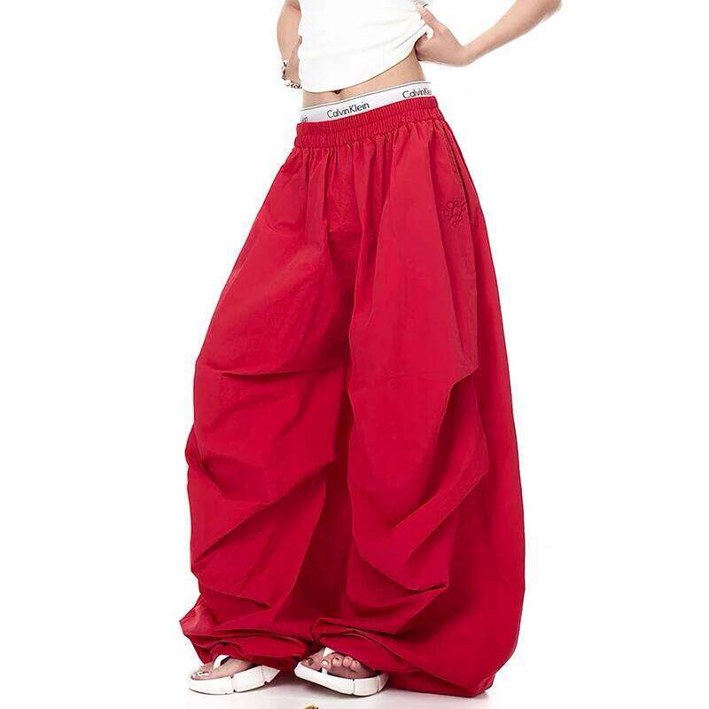 2025 Autumn Men's Parachute Baggy Oversize Red Long Cargo Pants Harajuku Japanese 2000s Style Y2k Vintage Trousers Clothes