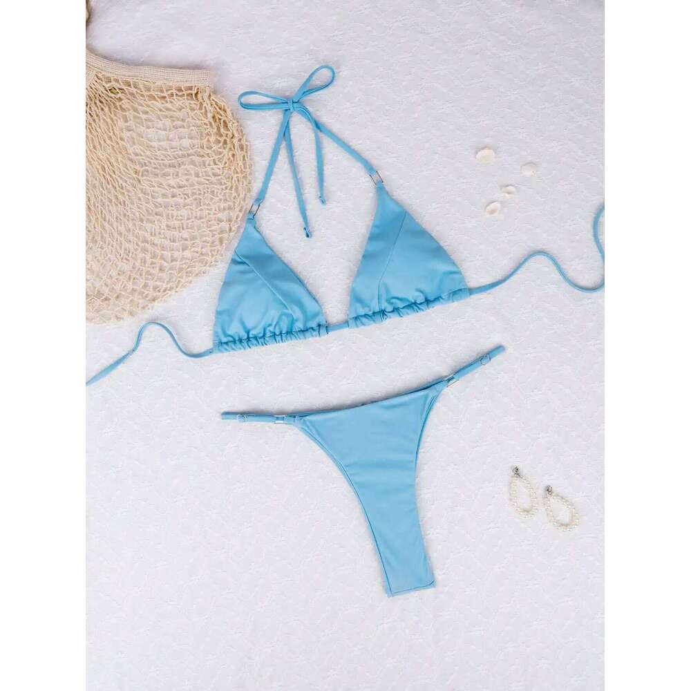 2025 Women's Sexy Blue Triangle Bikini Set High Cut Thong Bottoms Adjustable Straps - Perfect for Beach and Pool Parties C260207