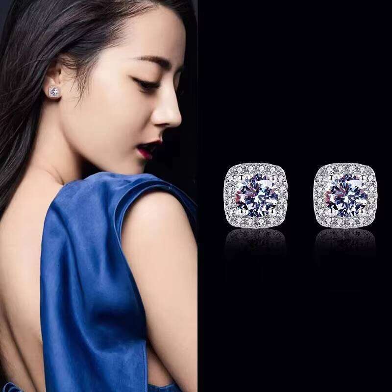 Fine Jewel Ladies Women's Diamond Geometric Square Fashion Sterling Silver S925 Jewelry Gift Vvs1 Moissanite Stud Earrings