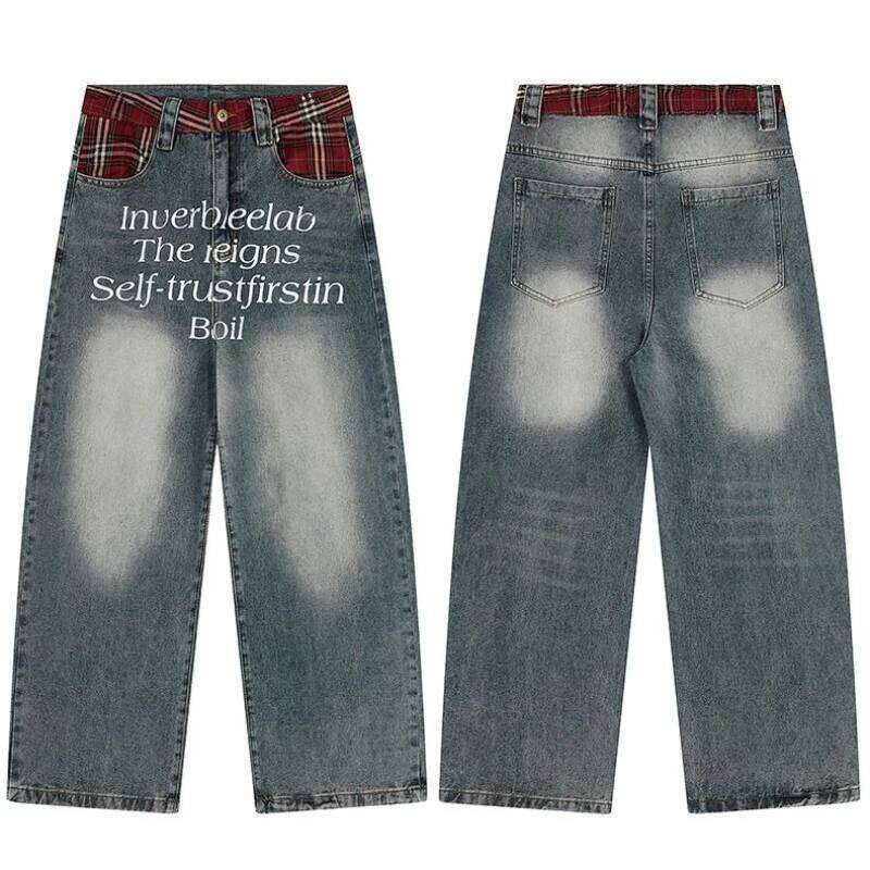 New retro plaid splicing waistband jeans fashionable street letter print loose wide pants for men and women