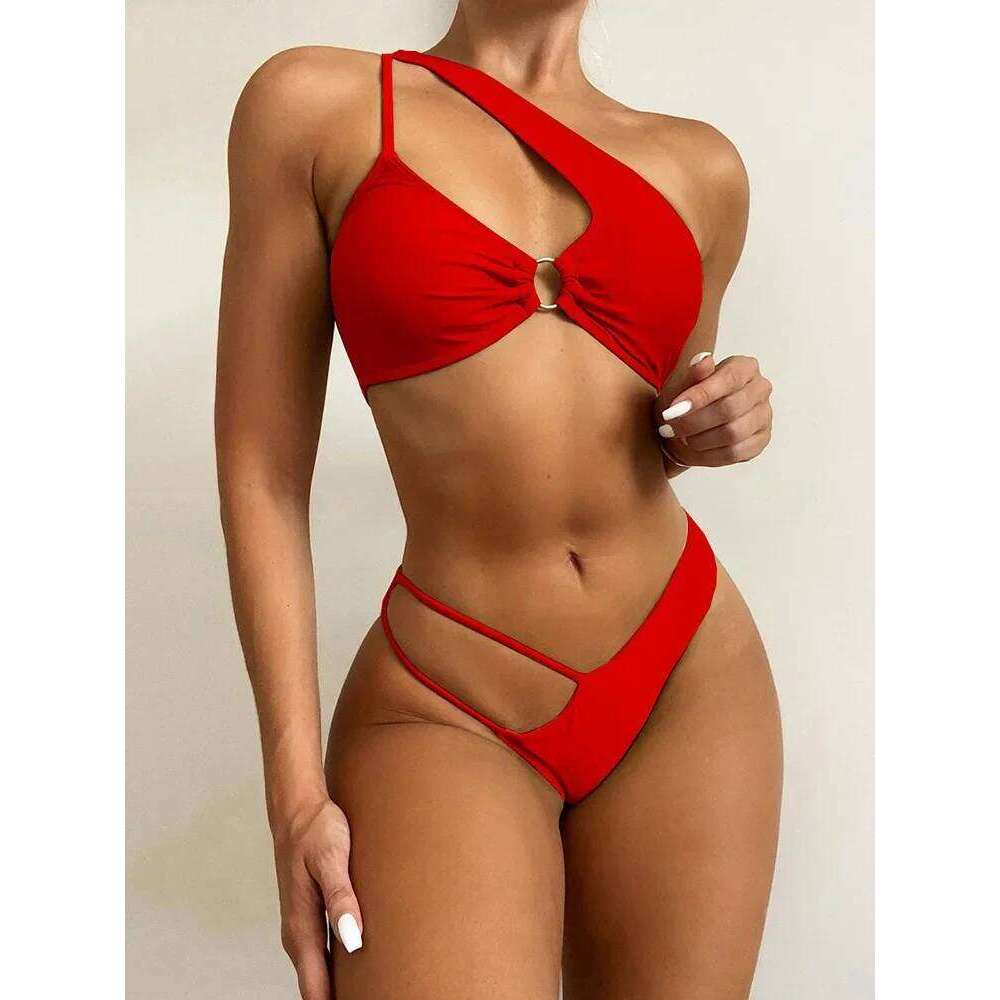 Sexy Asymmetric One Shoulder Women Swimsuit Female Swimwear Two-pieces Bikini Set High Cut Out Bather Bathing Suit Swim C260207