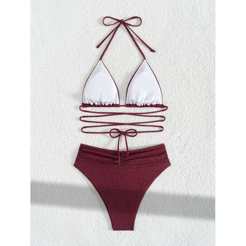 FASKOB solid color sexy drawstring women's two-piece 2025 bikini suit summer beach swimsuit C260207