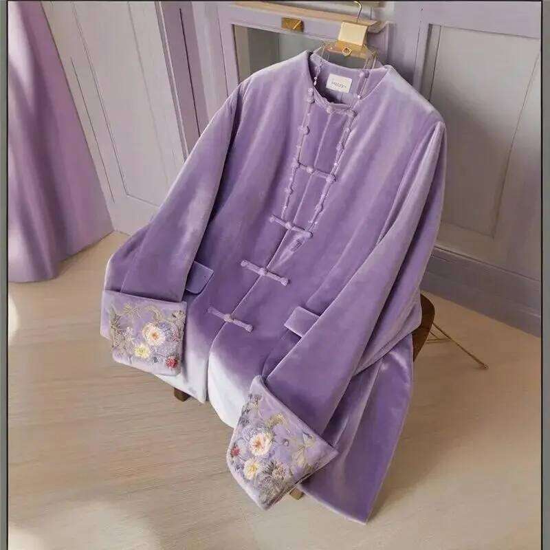 Limiguyue New Chinese Style Dopamine Purple Velvet Jacket Women High-End Embroidery Coat Retro Buckle Outwear Autumn Winter 777P