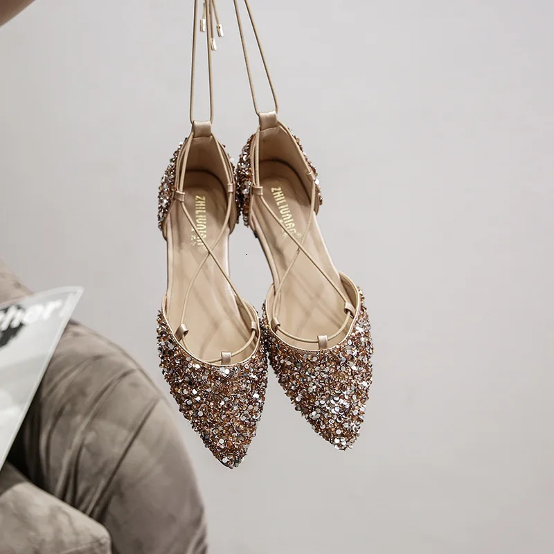 Women Rhinestone Ballet Flats Cross-Tied Lace Up Flat Shoes Woman Crystal Wedding Shoes Glitter Mules Sandals Big Size 43 260124