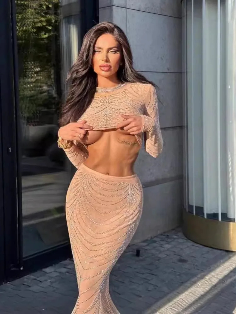 Women Celebrity Sexy Long Sleeve O Neck Diamonds T-shirt Black Split Skirt Set Elegant Evening Club Party Outfits 260122