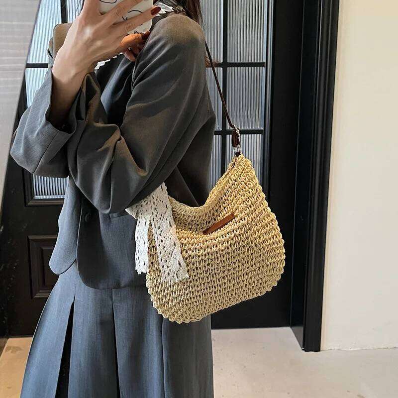 2025 One Shoulder Underarm Straw for Women, Versatile Handmade Woven Bag, Vacation Style Beach Bag C260207
