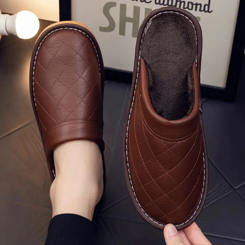 Genuine Leather Handmade Men House Slippers Winter Slip On Soft Comfort Black Brown Bedroom Indoor Flat Men Shoes 260124