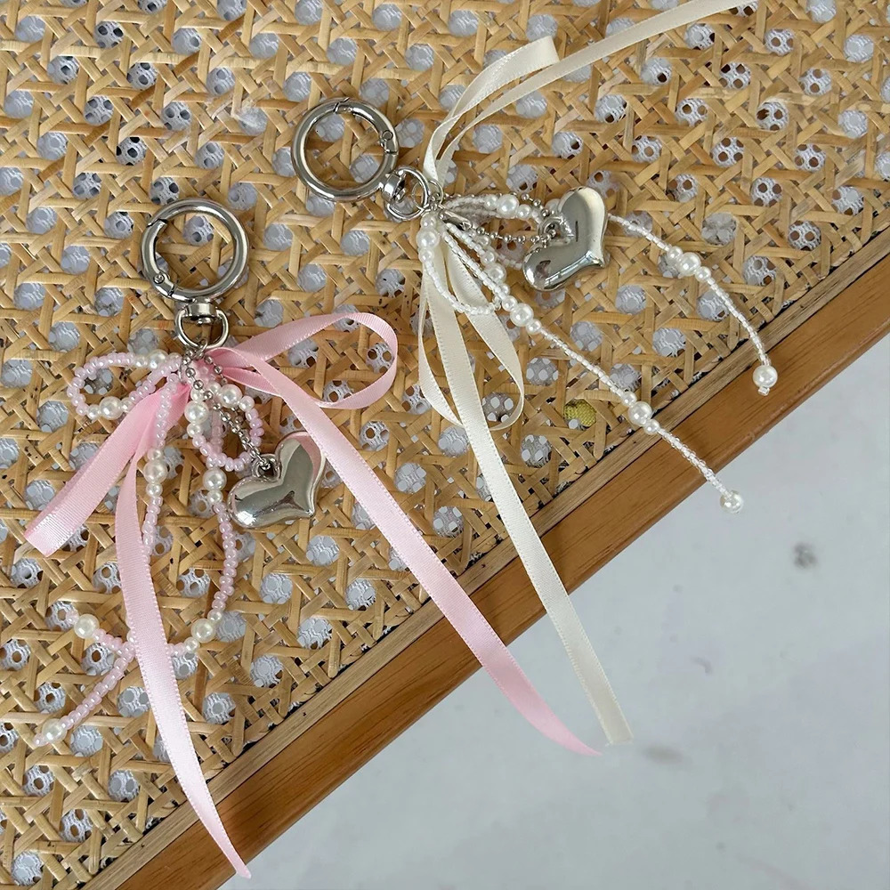 Y2k Beaded Key Chain White Pearl Bow Keychain Decoration For Bags Phones Korean Ribbon Key Ring Fashion Bag Hanging Accessories 260107