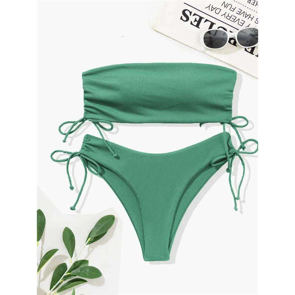 New Sexy Bandeau Bikini Set Bandage Lace Up Women Swimsuit Two-piece Solid Swimwear High Waist Brazilian Beach Bathing Suit C260207