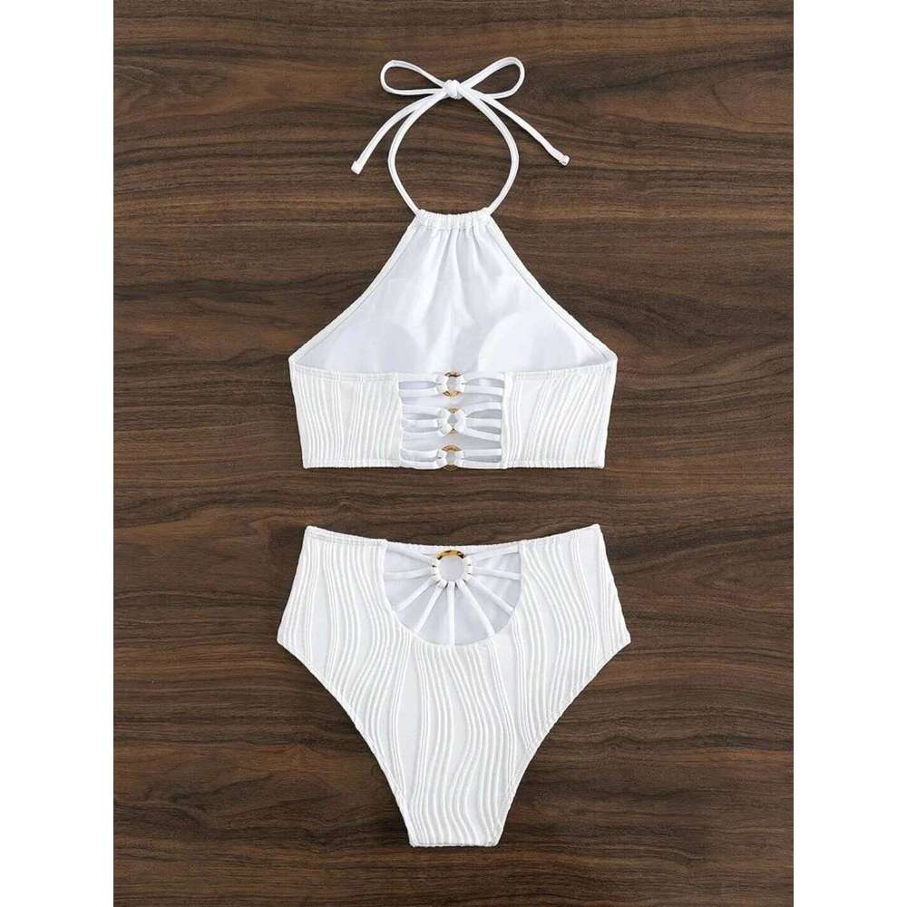 2025 Sexy Wasited Swimsuit Women Solid White Bikini High Neck Swimwear Female Bathers Bathing Swimming Swim Suit Beachwear C260207