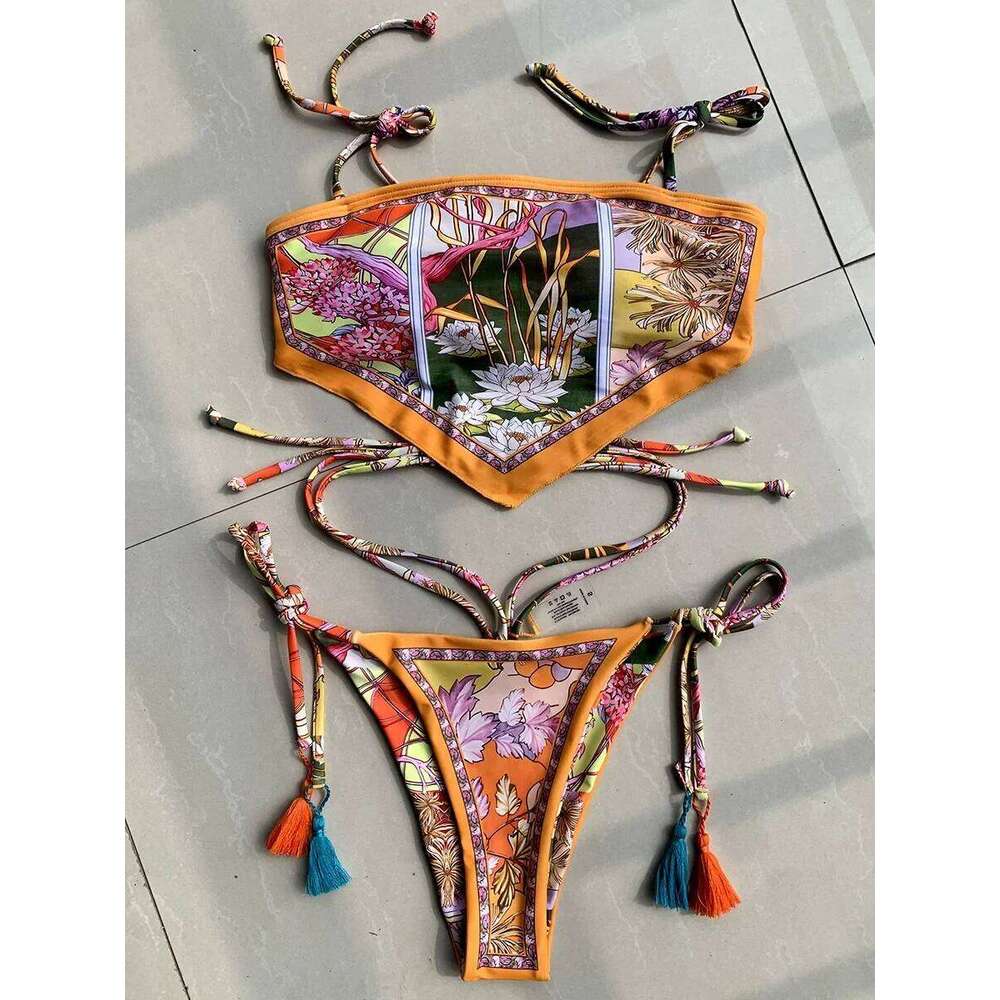 Printed Crop Top Women Bandeau Bikinis 2025 Swimwear Female Swimsuit Two-pieces Bikini Set Bathing Suit Swim Beach Wear C260207