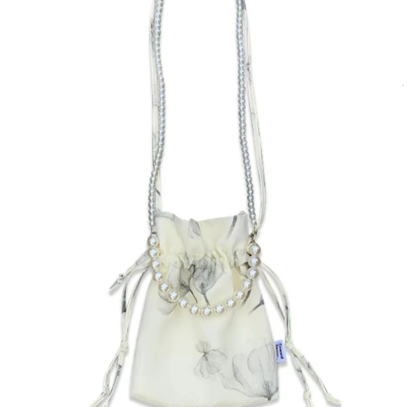 Women Mini Cellphone Bag Sweet Kawaii Drawstring Pleated Shoulder Bags Y2k Chinese Style Print Pearl Chain Handbags Crossbody 260208