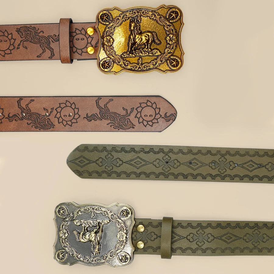 Western Cowboy Style Street Belt - Equestrian Carved Vintage Print Waistband for Daily Wear Commute Casual Outfits 260124