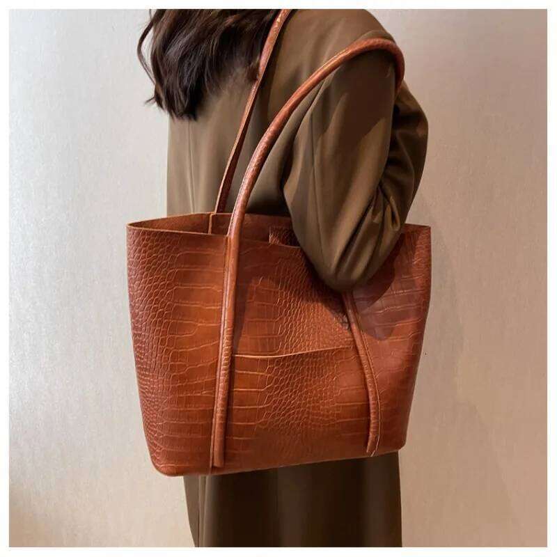 Crocodile Pattern Women Set 2-IN-1 Large Capacity Shopping Totes Shoulder Bags with Pure Color Soft PU Leather Big Tote Bag C260207