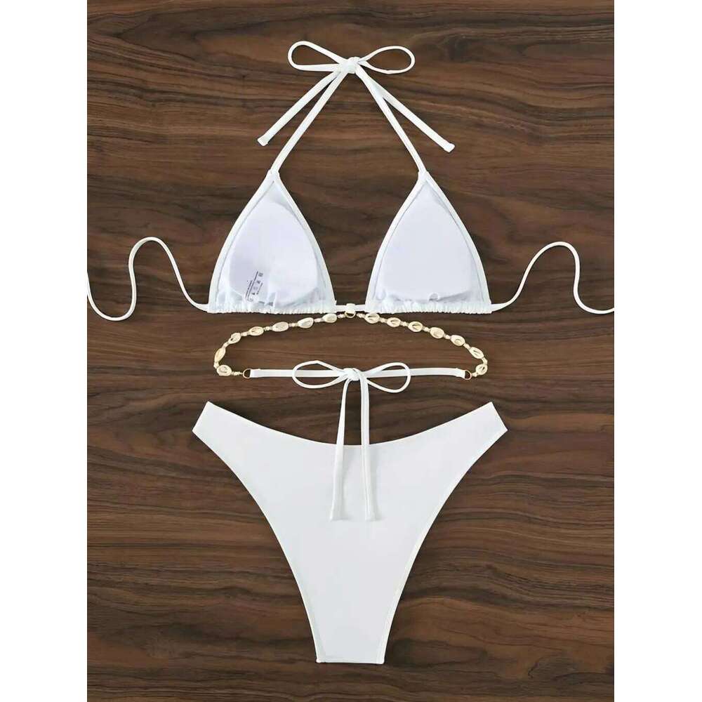 Triangle Bikini Set Decorated With Seashell Swimsuit Women Swimwear Female Sexy Bathers Bathing Swimming Swim Suit Beachwear C260207