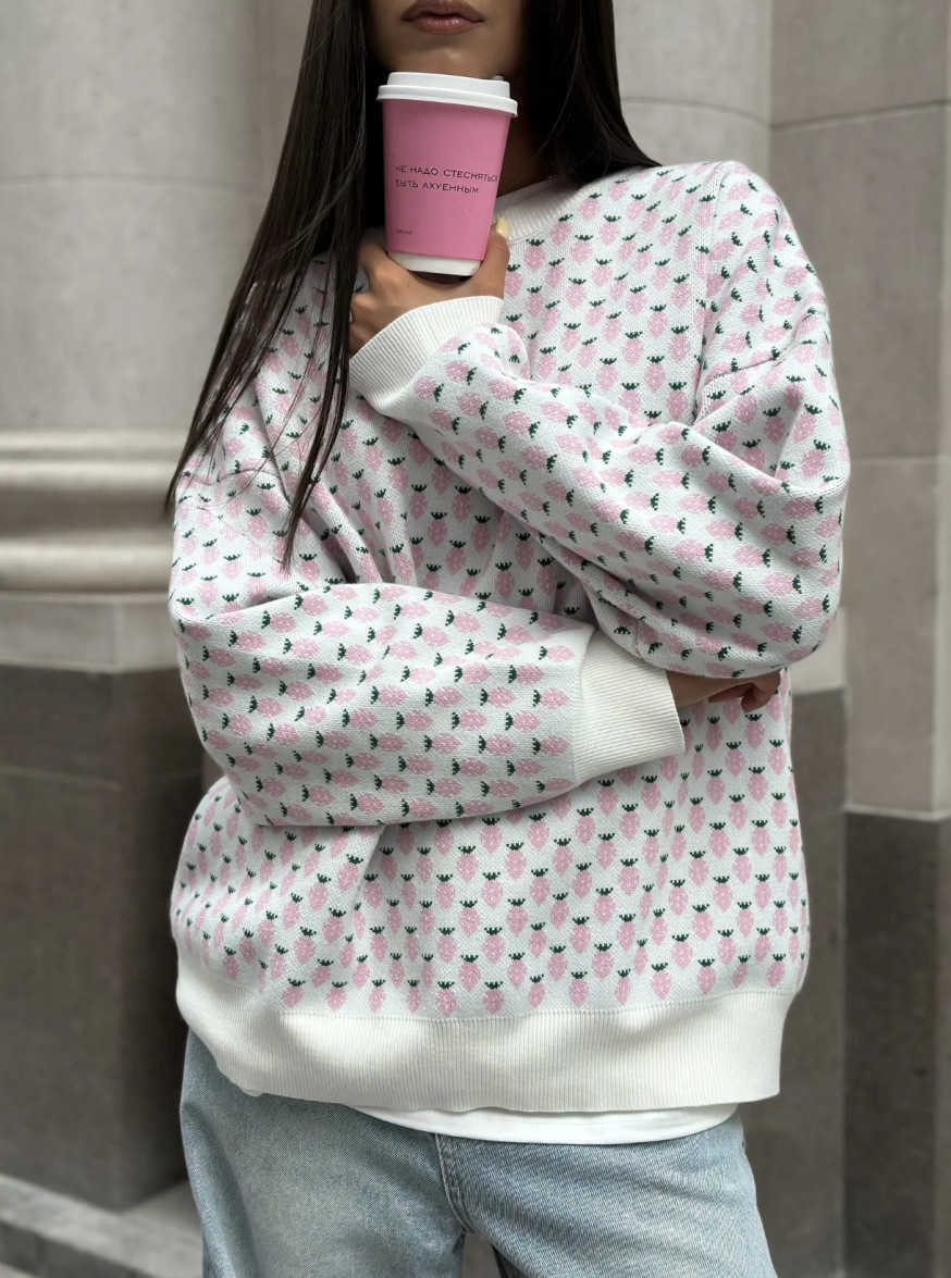 Pink Crew Neck Sweater for Women Autumn/Winter Knitwear Berry Jacquard Pattern Cute Waffle Weave Long Sleeve Knitted Top for Women
