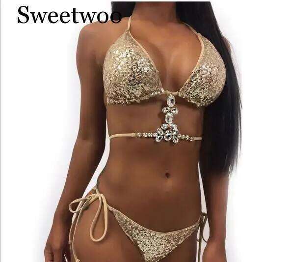 New Ornaments Swimwear Women Sequins Diamond Bikini set Bathing Suit Sexy Push up Stones Straps Swimsuit Monokini C260207