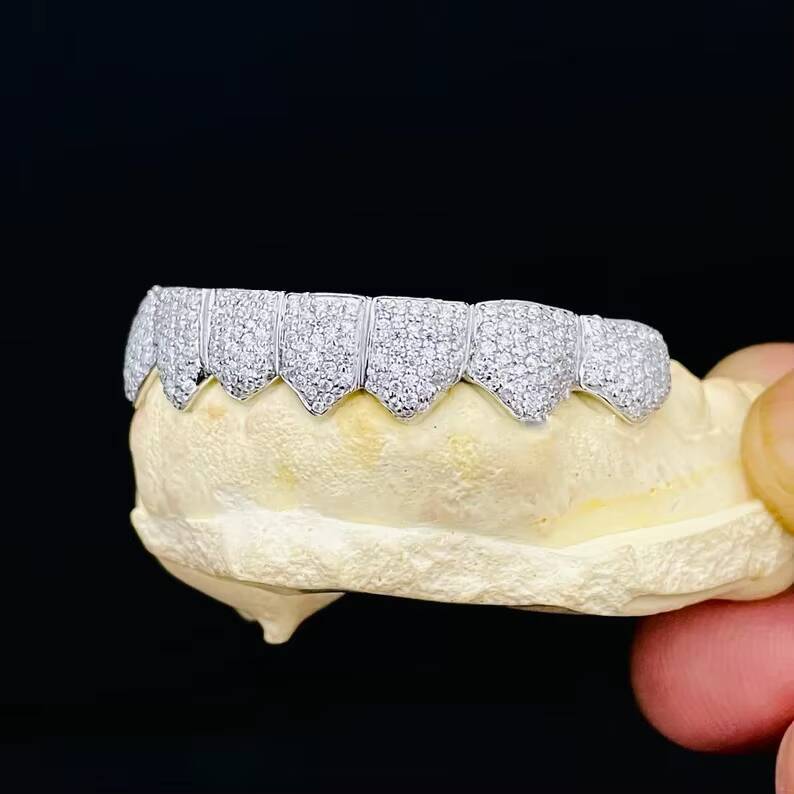 Iced moissanite hip hop teeth grillz for men with full pave style shimmering stones elegant premium silver look modern design