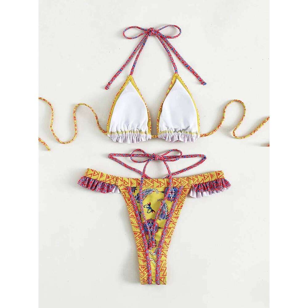 Print Bikinis Bordered Bikini Set Mciro Halter Swimwear Women Swimsuit Sexy Beachwear Brazilian Biquini Triangle Bathing Suits C260207