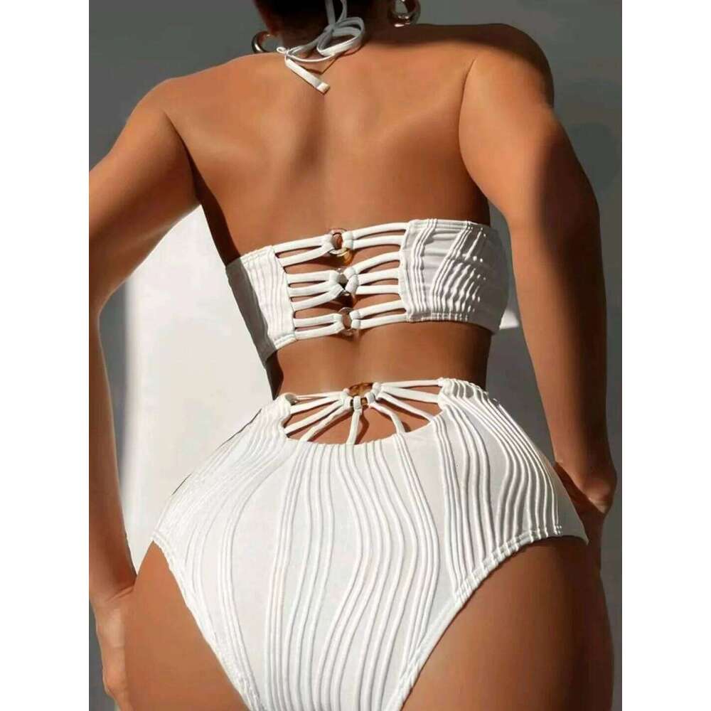 2025 Sexy Wasited Swimsuit Women Solid White Bikini High Neck Swimwear Female Bathers Bathing Swimming Swim Suit Beachwear C260207
