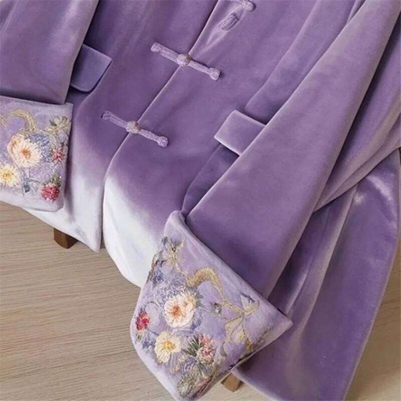 Limiguyue New Chinese Style Dopamine Purple Velvet Jacket Women High-End Embroidery Coat Retro Buckle Outwear Autumn Winter 777P
