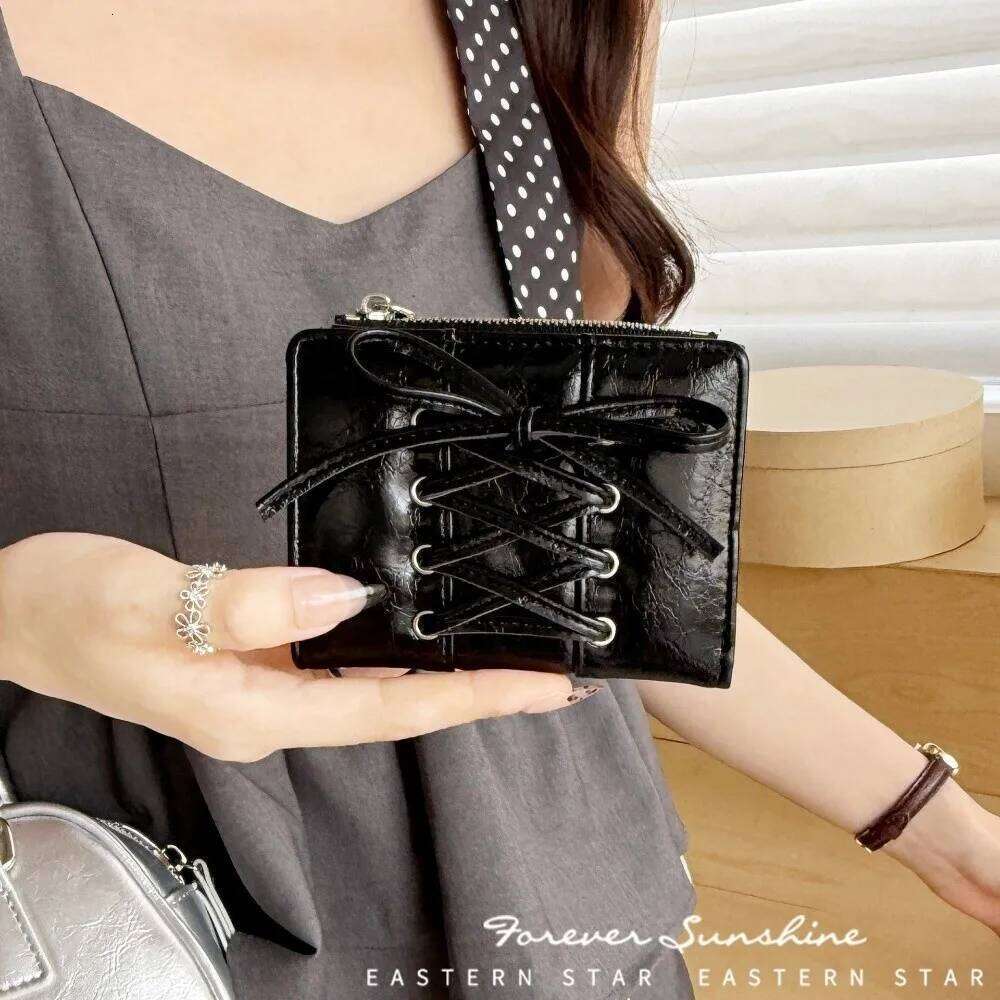 YK2 Strap Bow Women Short Wallets Card Holder Folding Zipper Purse Girl PU Leather Coin Pouch Casual Clutch Bag Y260206