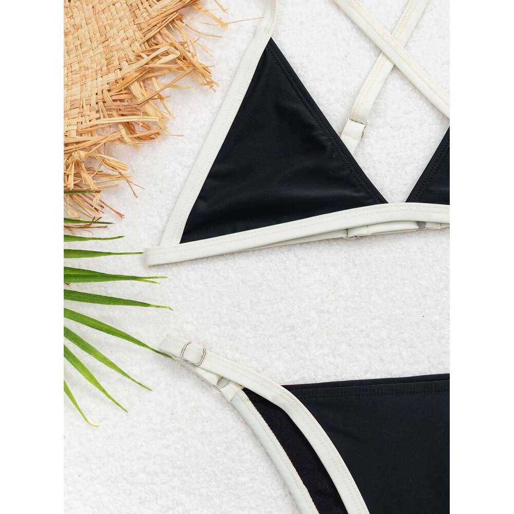Sexy White Black Patchwork Micro Bikinis Sets Two Pieces Back Cross Swimsuit Brazilian Bathing Swimwear Swimming Suit C260207