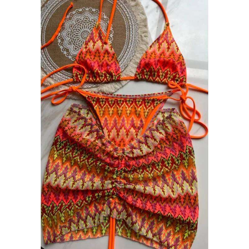 LeLeDolphin Womens Colored Maple Leaves Knitted Skirt Three-Piece Set Split Bikini Stripes Swimsuit C260207
