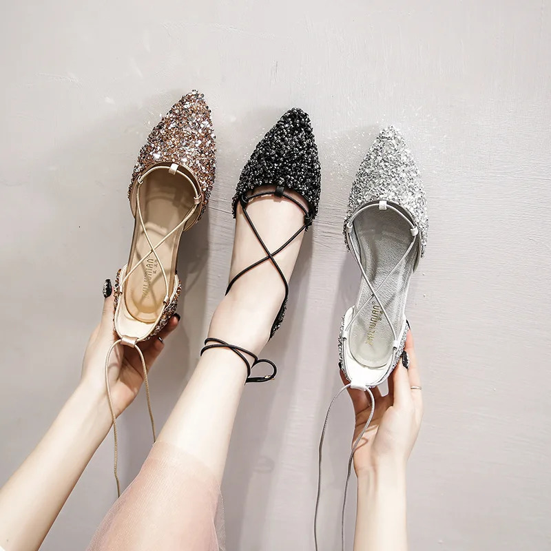 Women Rhinestone Ballet Flats Cross-Tied Lace Up Flat Shoes Woman Crystal Wedding Shoes Glitter Mules Sandals Big Size 43 260124