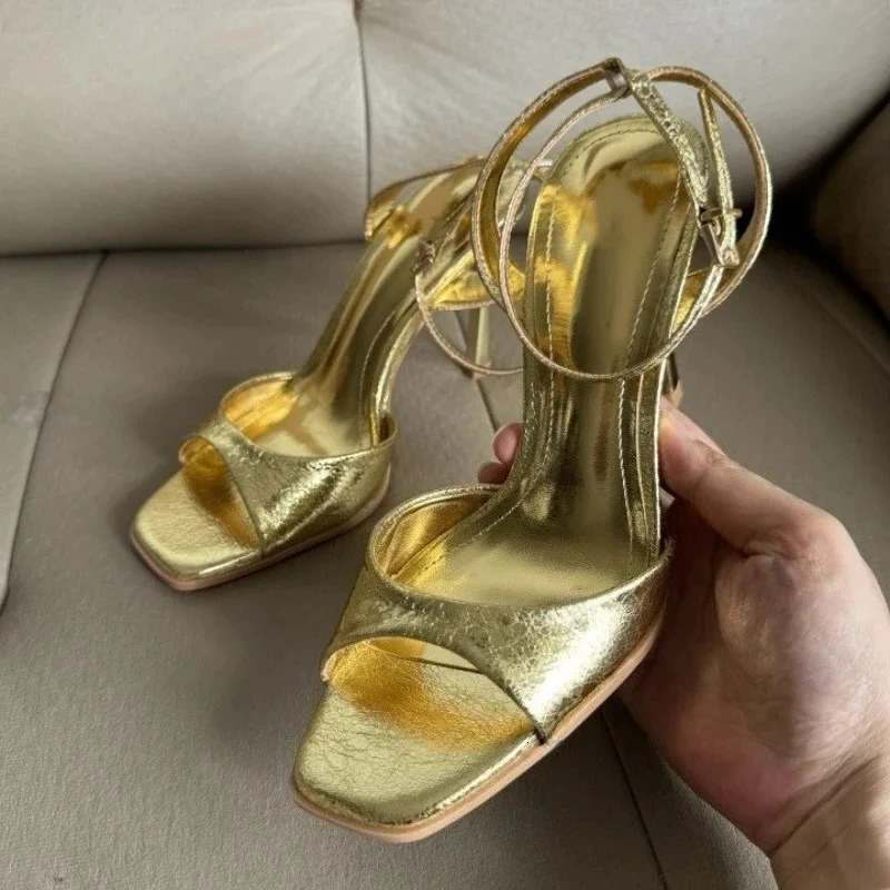 Gold Patent Leather Ankle Buckle High Heeled Sandals Women Sexy Square Toe Open Toe High Heels Summer Fashion Party Office Shoes 260202