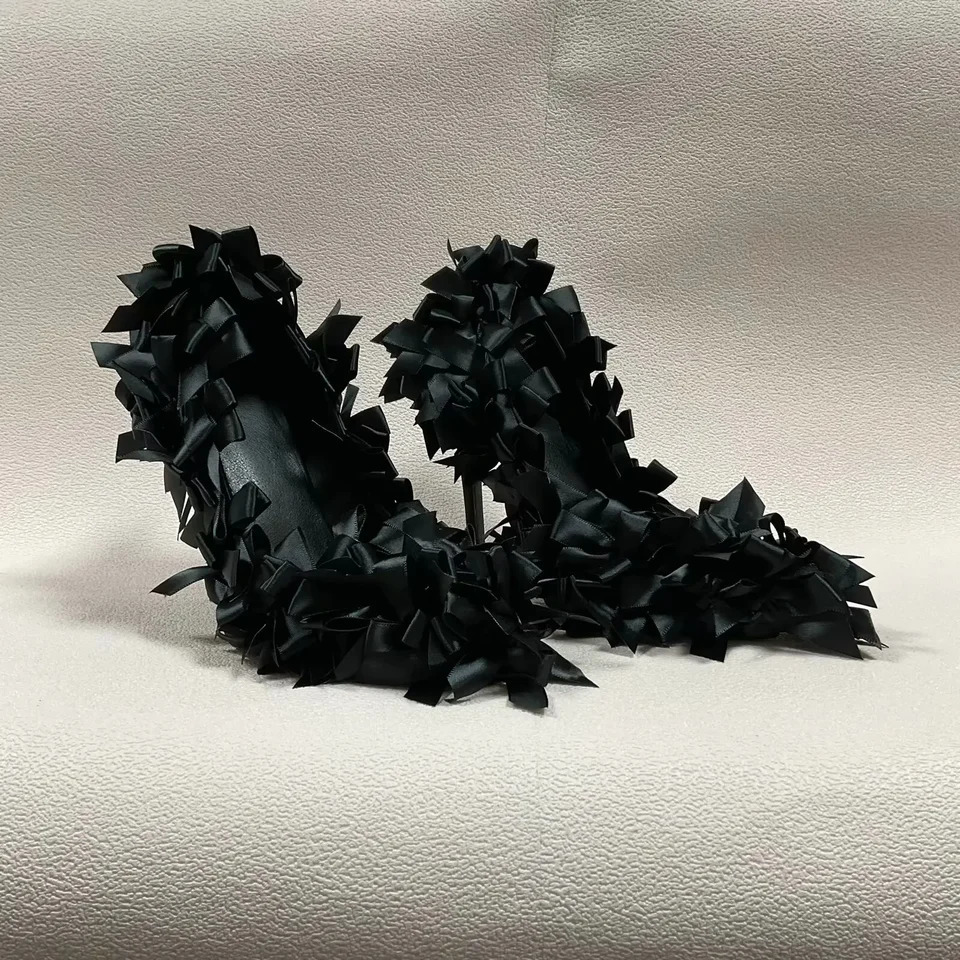 Black Satin ButterflyKnot Women Pumps 2026 Summer Fashion Shallow High Heels Pointed Toe Stiletto Heel Casual Sandals 260208
