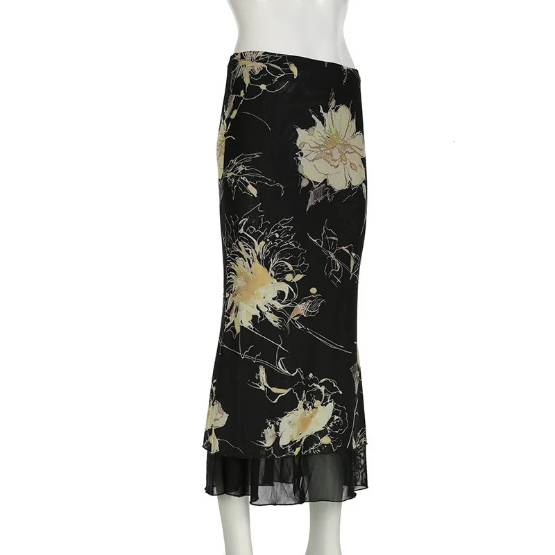 Goth Dark Y2K Aestheics Double Layer Mesh A-line Skirt Women Fashion Florals Print Slim Skirts Fairy Streetwear Gothic Bottoms 260122