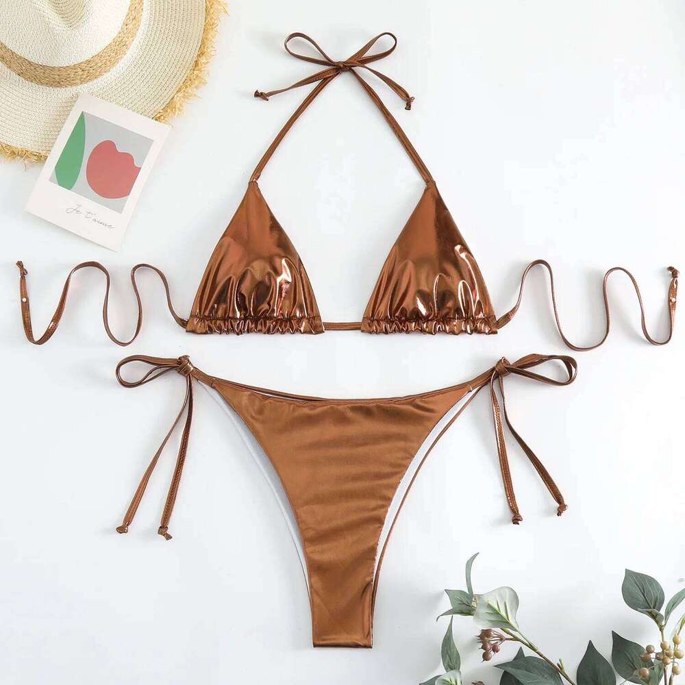 sexy metallic string halter micro mini bikini sets two pieces 2024 women thong swimsuit female bathing suit swimwear biquini C260207