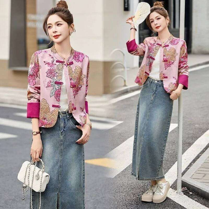 Chinese Women's National Wind Coat Spring Autumn Female New Retro Jacket Elegant Heavy Embroidery Jacquard Overwear