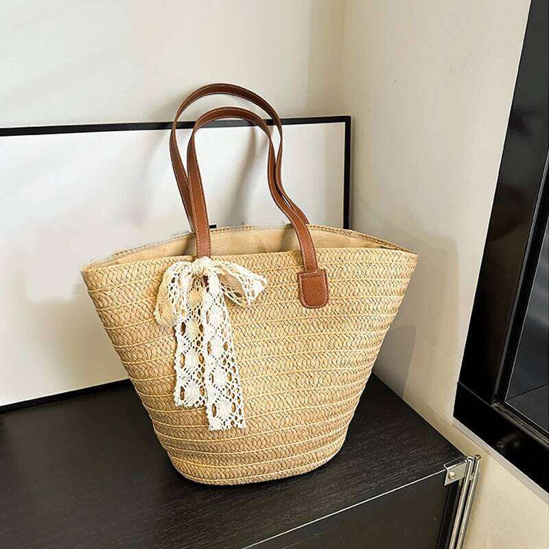 2025 Beach Vacation Leisure Handheld Shopping Straw Woven Bag Lace Decoration Hawaii Summer Hot Sale C260207