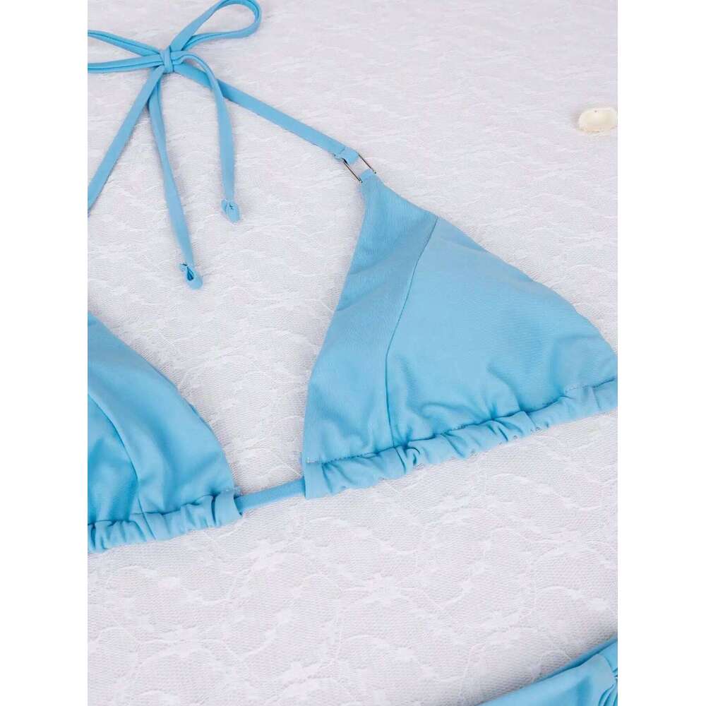 2025 Women's Sexy Blue Triangle Bikini Set High Cut Thong Bottoms Adjustable Straps - Perfect for Beach and Pool Parties C260207