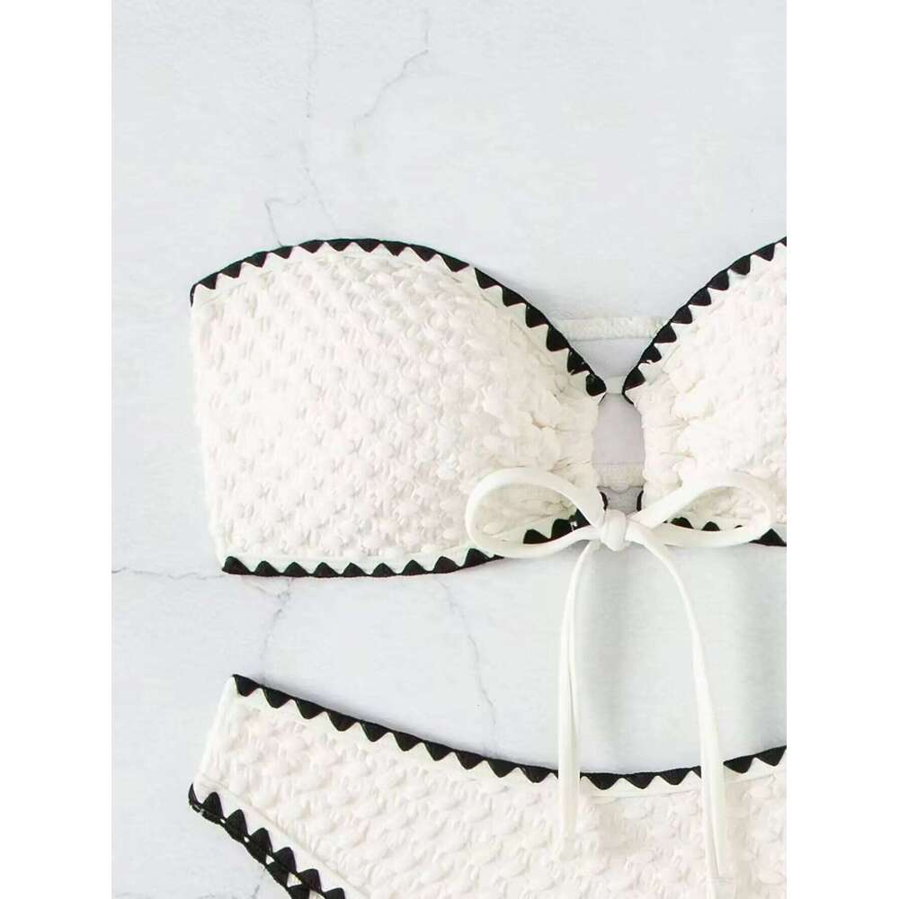 Swimwear White 2 Piece Strapless Swimsuit for Women Sexy Bandeau Backless Bikini Set Lace-up Patchwork Bathing Suit 2025 New C260207