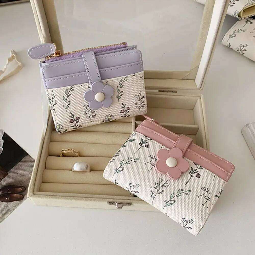 Simple Korean Style Flower Wallet Print Ultra Thin PU Leather Holder Floral Short Clutch Folding Card Bag Travel Y260206