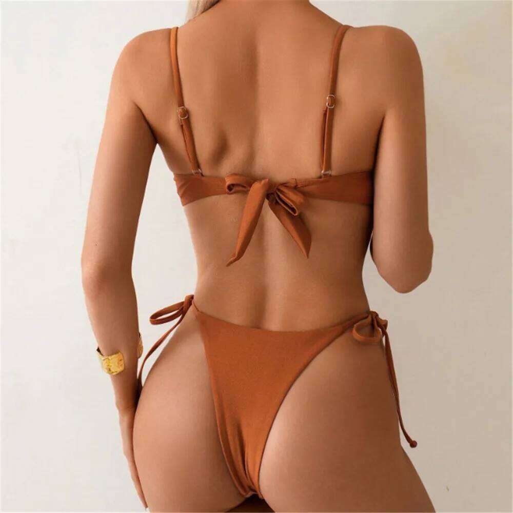 Metal Ring Swimwear Brown String Back Knotted Bikinis Sets Micro Thong Sexy Swimsuit Women 2026 Bathing Suit Bikini Biquinis C260207
