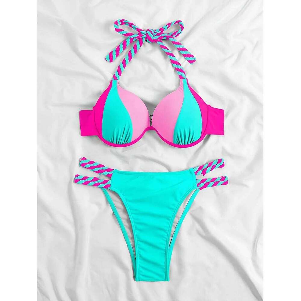 2025 Colorblock Push Up Bikini Halter Swimsuit Women Sexy Swimwear Female Bathers Bathing Swimming Swim Suit Beachwear C260207