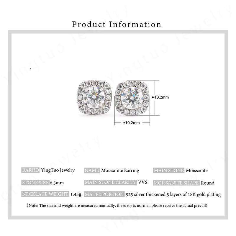 Hot Selling Custom YT 10K/14K/18K Fine Jewelry 925 Sterling Silver Trendy Cushion VVS Moissanite 2Ct 8Mm Stud Earrings