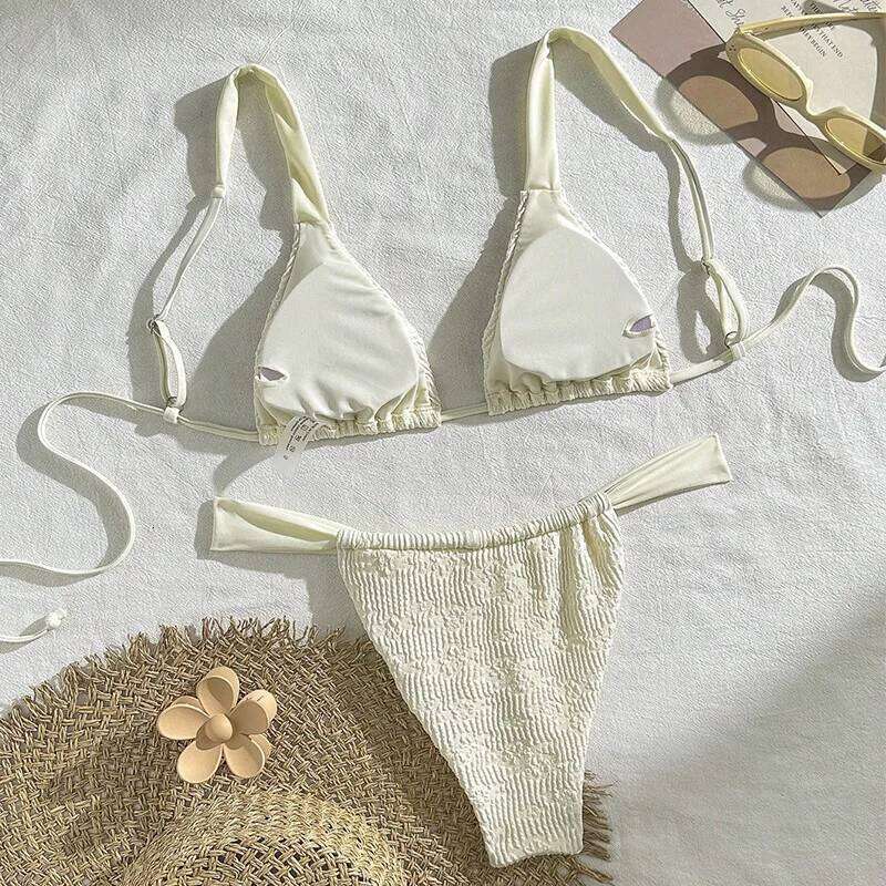 White Flower Embossing Sexy Swimsuit Women Micro Thong Bikini Swimwear 2025 Bathing Suit Lace-up Triangle Bikinis Sets Mujer C260207