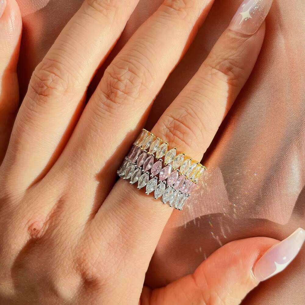 S925 Pink Square Diamond Love Heart Water Drop Zircon Full Rhinestone Iced Out Engagement 925 Sterling Silver Ring