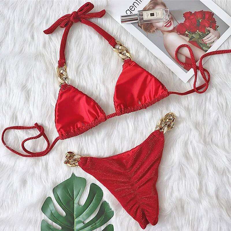 Halter Chains Rhinestone Diamond Women Swimsuit Female Ribbed Swimwear Two Pieces Bikini set Brazilian Bathing Suit Swim C260207